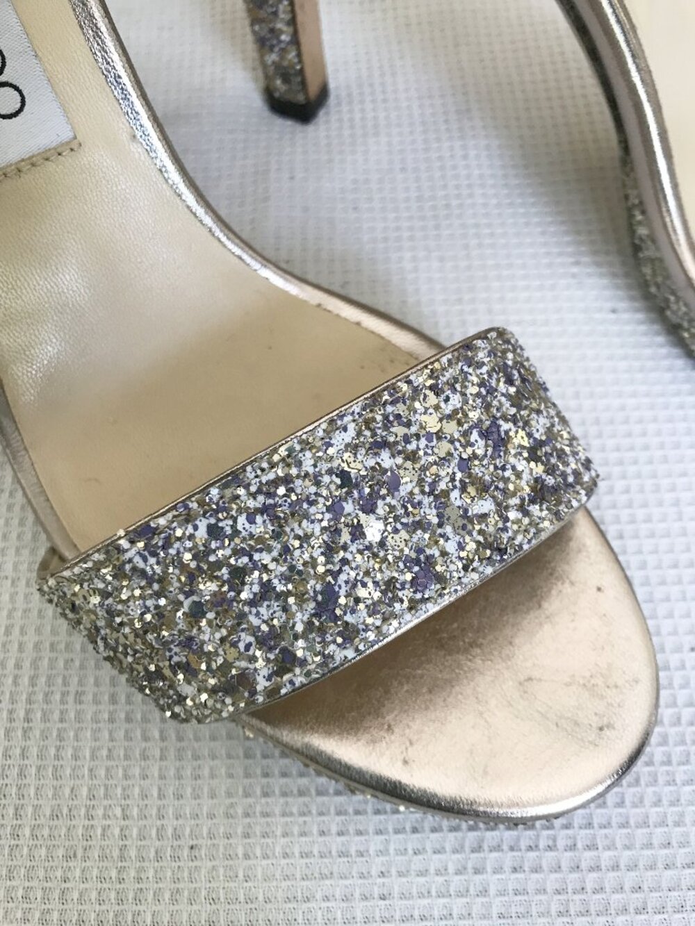 JIMMY CHOO Misty Metallic Glitter Sandal in Champagne, size 38 (US 8), Imperfect - Picture 5 of 16